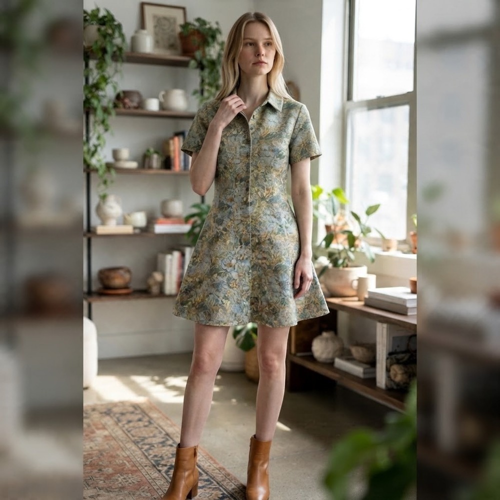 NWT En Saison Womens L Floral Jacquard Fit Flare Shirt Dress Blue Gold